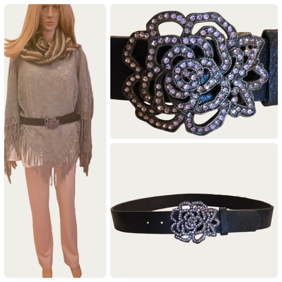 Unbranded Accessories - Vintage Glitz Pink Rhinestone Black Leather Belt Sz 35"-39" EUC